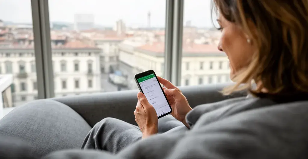 Donna italiana consulta smartphone per valutazione immobiliare Milano