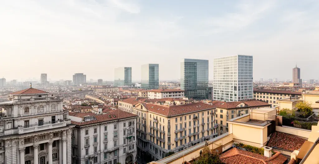 Skyline di Milano con edifici residenziali storici e moderni, mercato immobiliare
