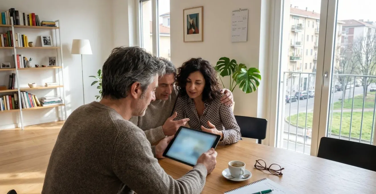 Una coppia italiana di mezza età seduta al tavolo di una casa moderna, che guarda insieme uno schermo di tablet con dati sfocati, in una conversazione naturale illuminata da luce di finestra