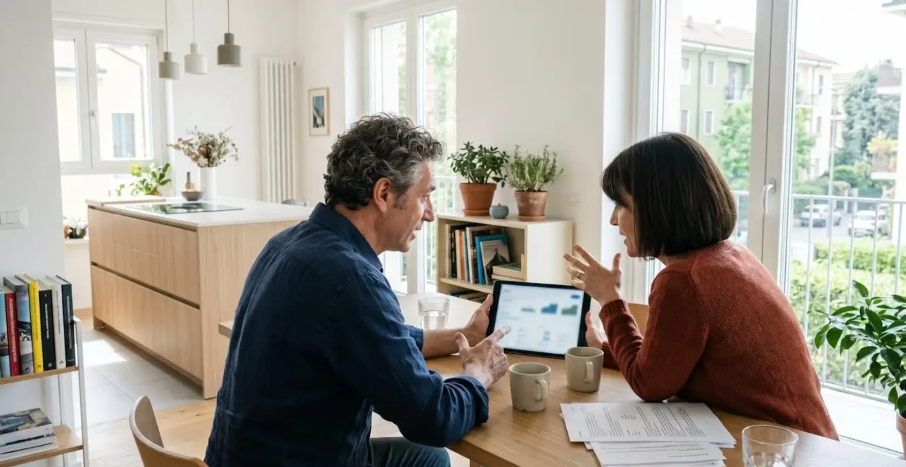 Una coppia italiana di mezza età seduta al tavolo di una casa moderna, che guarda insieme uno schermo di tablet con dati sfocati, in una conversazione naturale illuminata da luce di finestra
