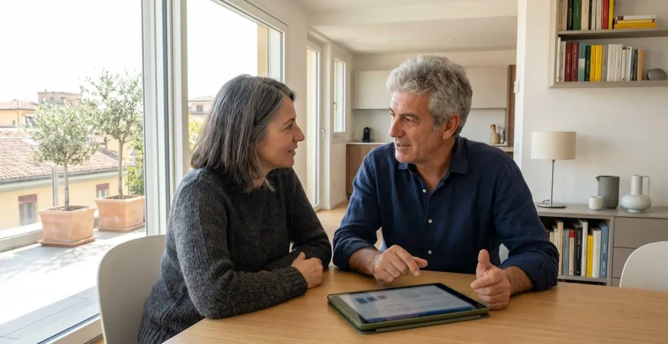 Una coppia italiana di mezza età seduta al tavolo di una casa moderna, che guarda insieme uno schermo di tablet con dati sfocati, in una conversazione naturale illuminata da luce di finestra