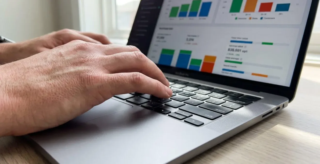 Primo piano estremo di mani che digitano su una tastiera di laptop moderno, con schermo che mostra grafici colorati completamente sfocati, su superficie di scrivania contemporanea pulita