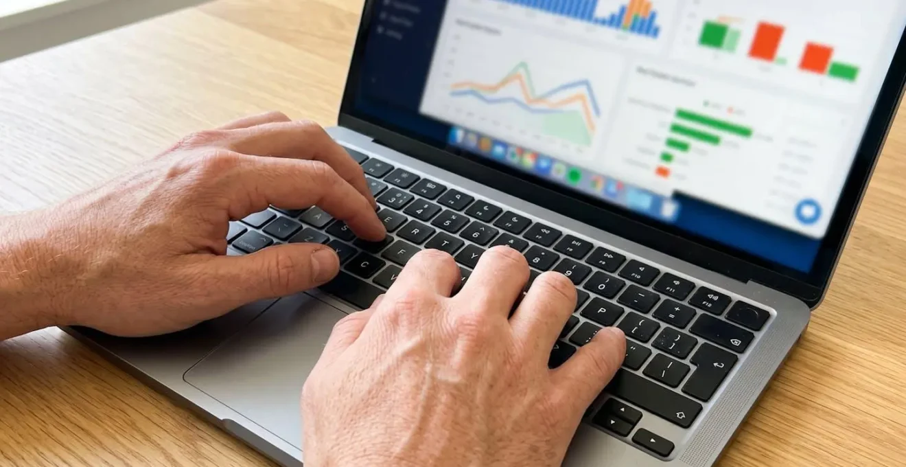 Primo piano estremo di mani che digitano su una tastiera di laptop moderno, con schermo che mostra grafici colorati completamente sfocati, su superficie di scrivania contemporanea pulita