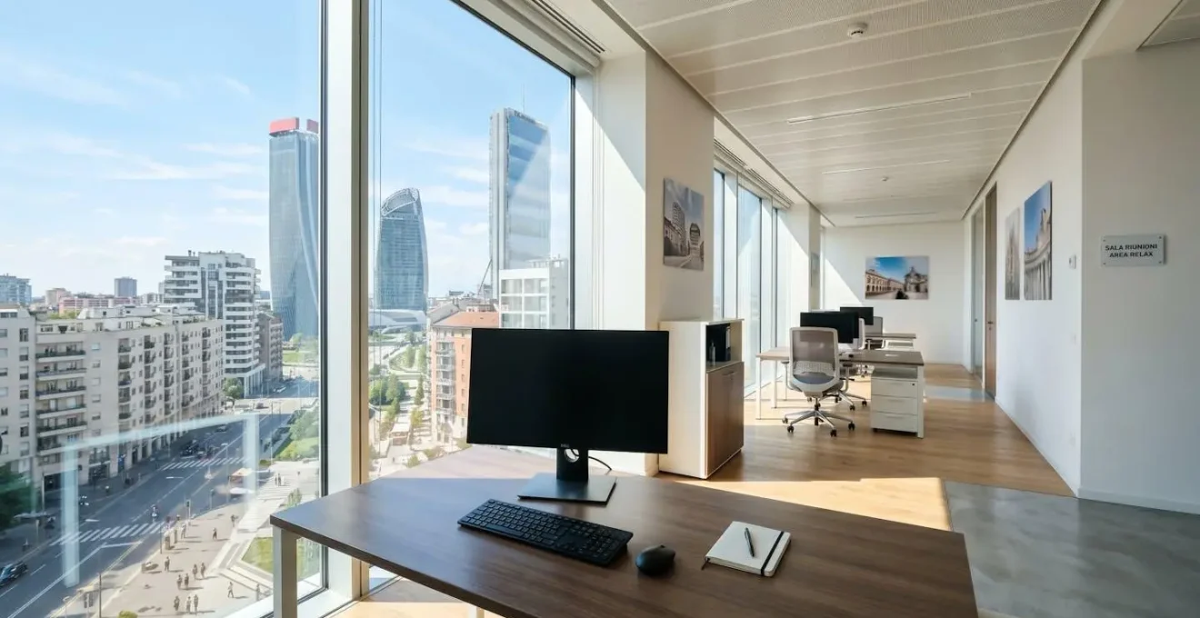 Interno di un ufficio moderno italiano vuoto con scrivania pulita, monitor spento e grande finestra che mostra architettura urbana italiana contemporanea, illuminato da luce naturale abbondante